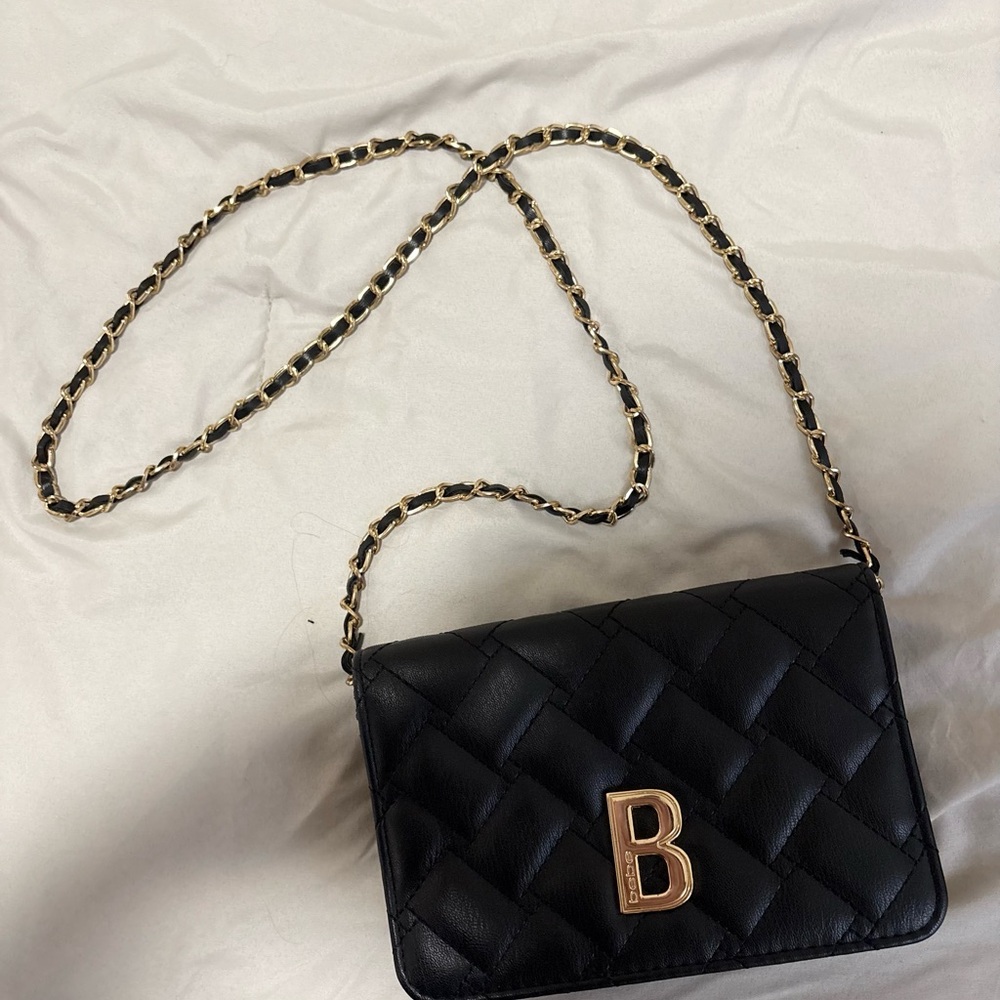 bebe Black and Gold Crossbody Bag with Chain Strap and Quilted Design